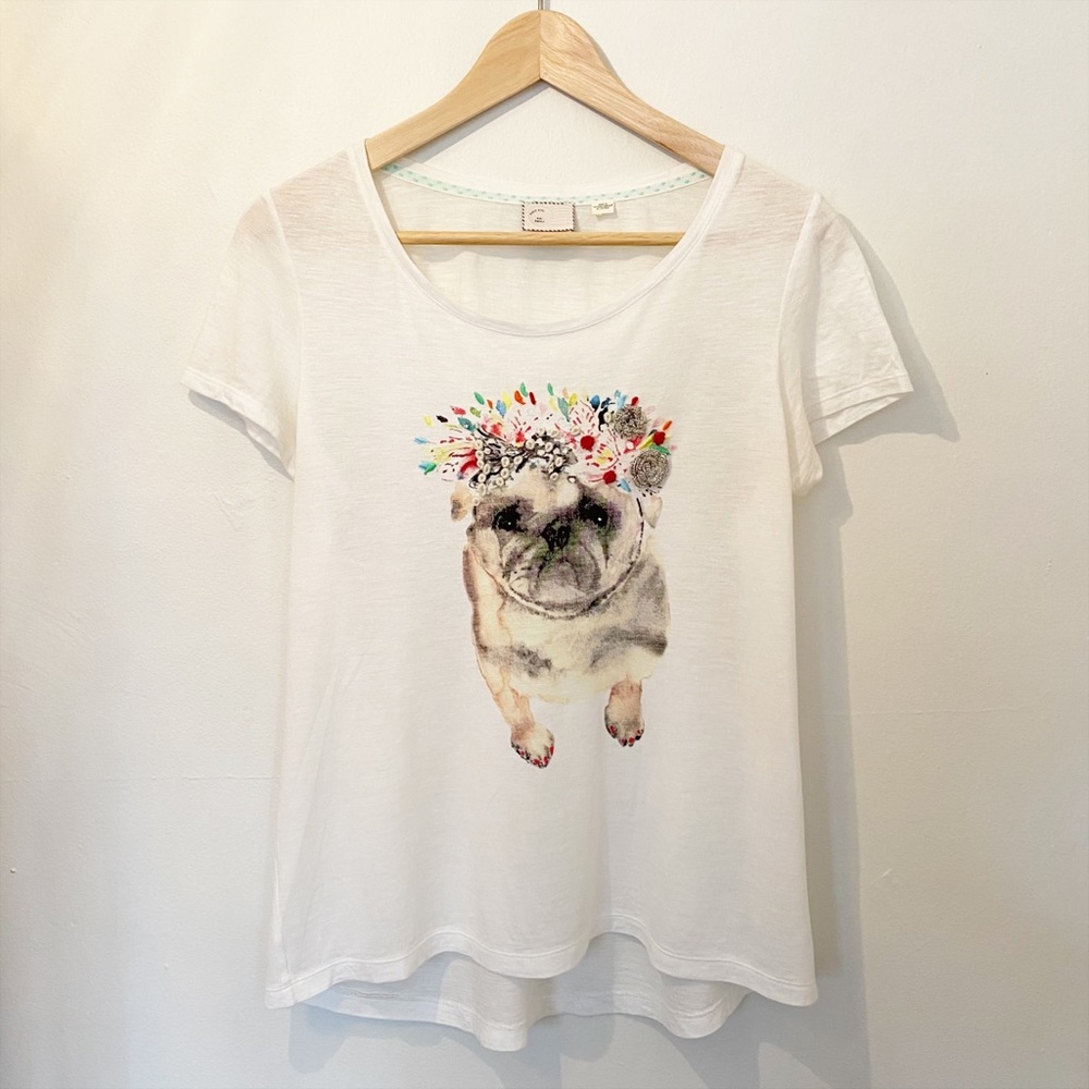 Anthropologie Postmark Embellished Pug Tee Ivory S
